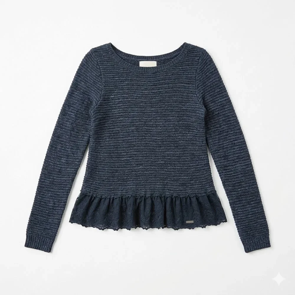 Hollister Y2K Dark Blue Knit Lace Trim Layered Peplum Sweater Bella Swan Small S
